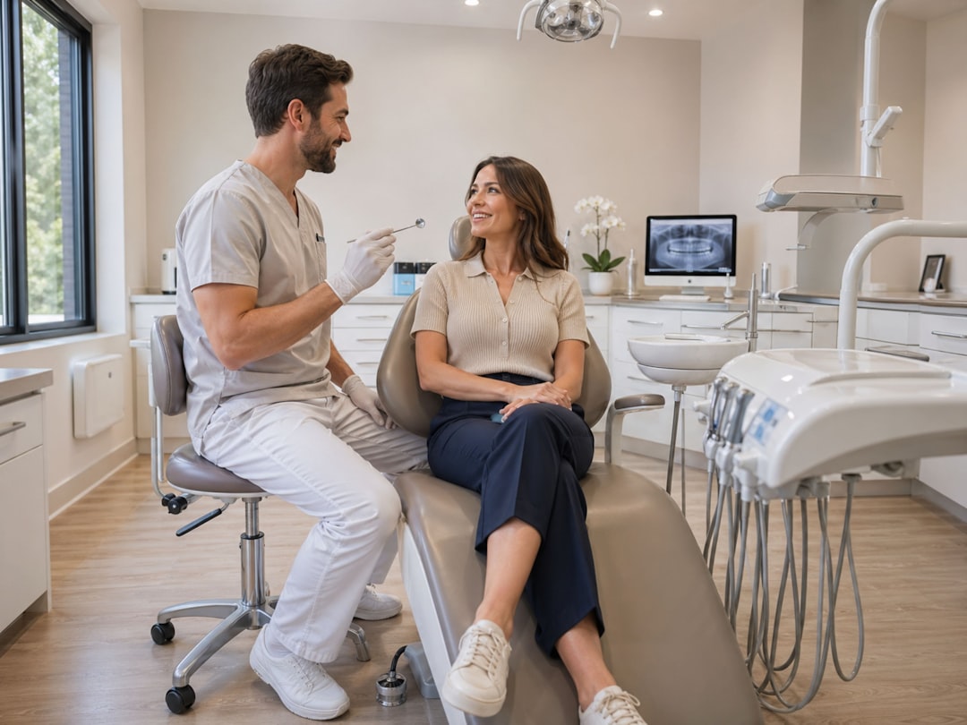A gentle dentist warmly interacting with a young patient in our bright, modern Bishan clinic